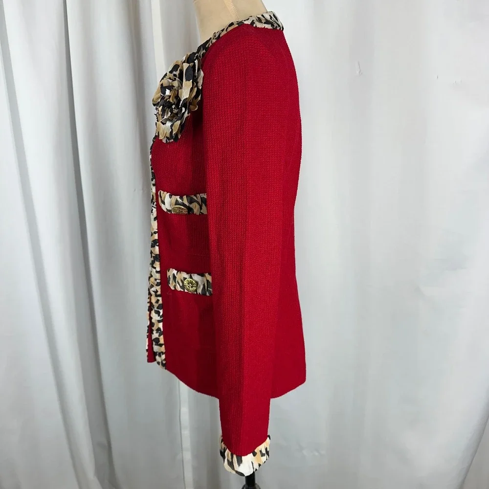 St. John Red Santana Knit Jacket Leopard Trim Rosette Sz 4 (S)